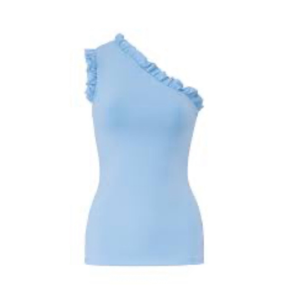 Susana Monaco One Shoulder Ruffle Edge Top‎ Size L Blue Stretch Blouse - Picture 1 of 4
